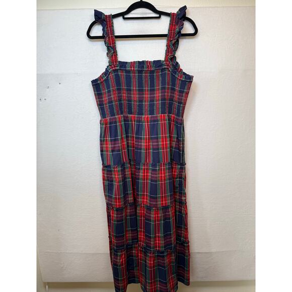 J.Crew Factory Navy Plaid Smocked Tiered Midi Dress, Size XL - Picture 4 of 8